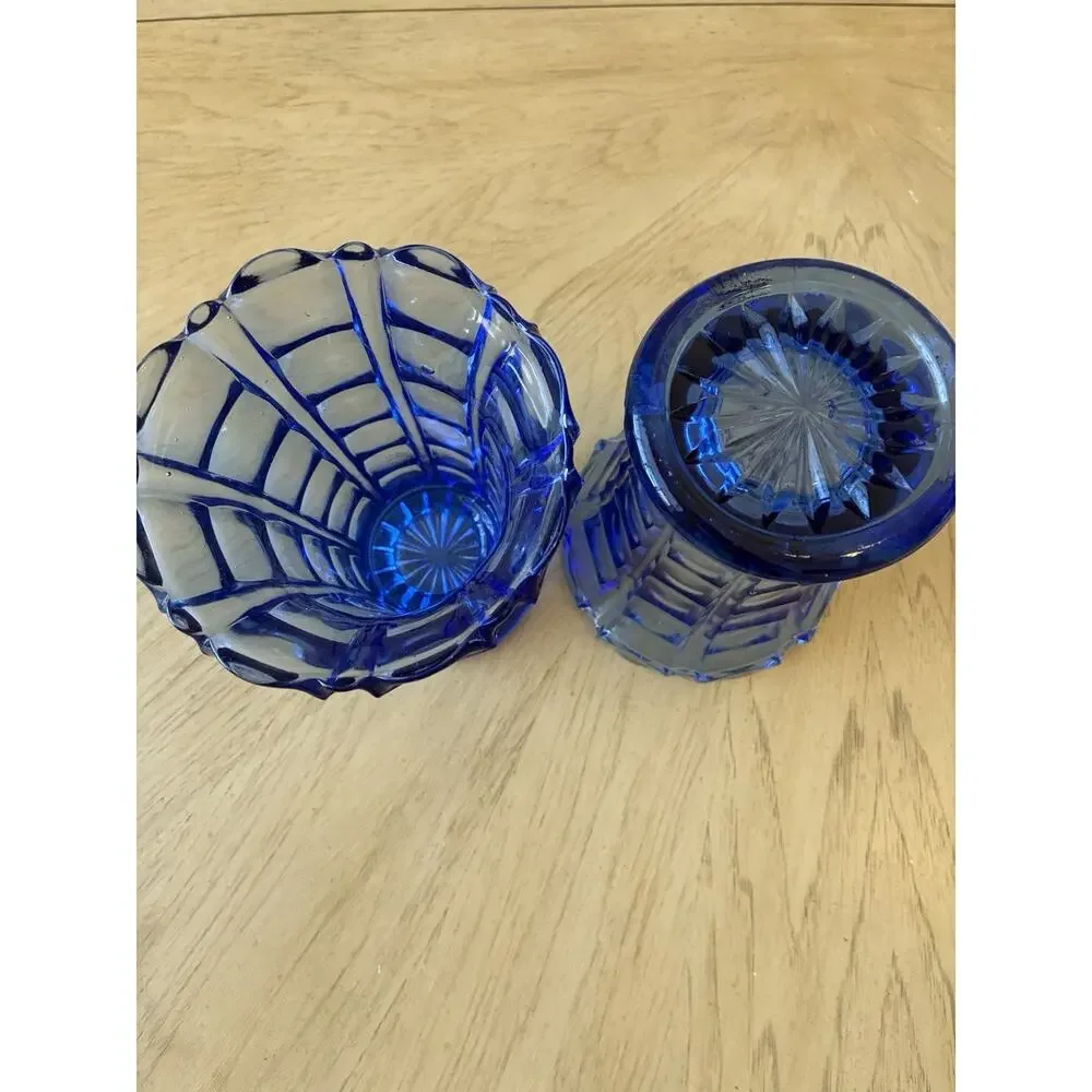 2 Vintage Cobalt Blue Pressed Glass Vases Ruffled Scalloped Edge Mid Century
